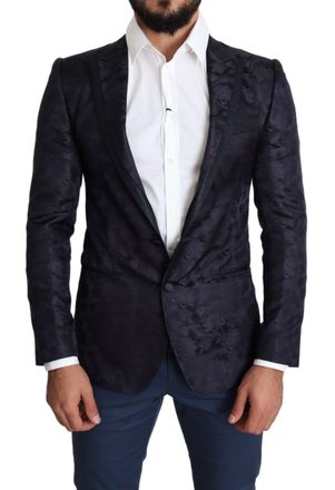 Dolce & Gabbana Mens Floral Embossed Suit Jacket - Dark Blue Silk - Size EU 44 (Mens)