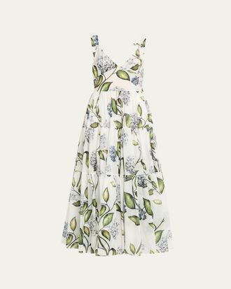 Oscar De La Renta Sleeveless Porcelain Flower Voile Midi Day Dress