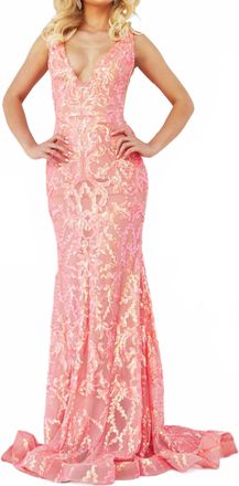 Jovani Plunging V-Neck Sequin Embellished Gown In Iridescent Coral