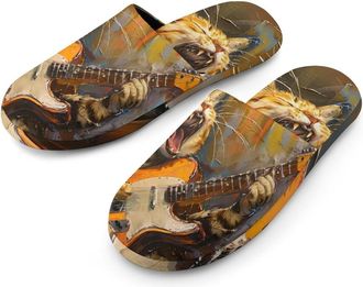 Generic Rock Cat Warm Mens Slippers Slip On Soft Fleece House Shoes Winter Indoor Outdoor