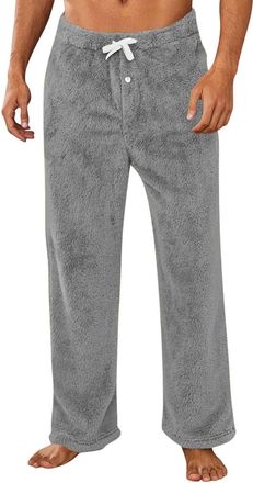 Generic Mens Fleece Trousers Winter Thermal Lounge Pants Elasticated Waist Fluffy Pyjama Bottoms Plain Colour Teddy Fleece Sleeping Bottoms Straight Leg Draws