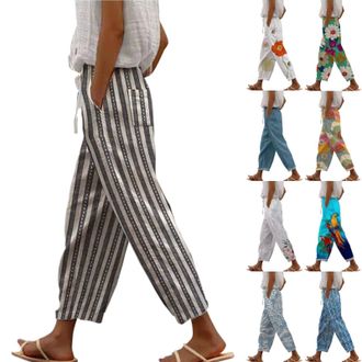 Generic Womens Casual Trousers WomenS Cotton Linen Pants Summer Trousers for Women Straight Leg High Waist Loose Fit 3/4 Trousers Drawstring Elastic Waist Lou
