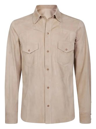 Eleventy Leren overhemd met zak - Beige