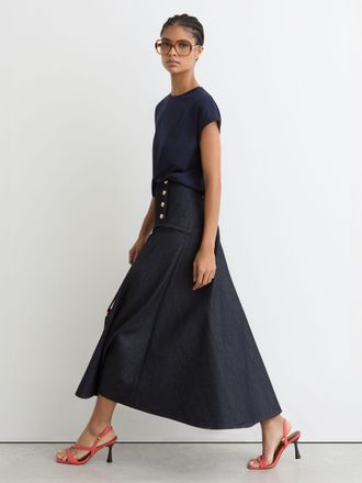 Reiss Dark Blue Button-detail Denim Midi Skirt, 14