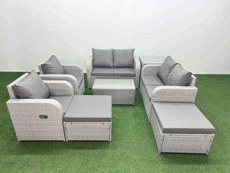 Fimous 8 Seater Outdoor Reclining Chair Love Sofa Set Rattan Garden Furniture Set with Rectangular Coffee Table 2 Big FootStools Side Table Light Grey