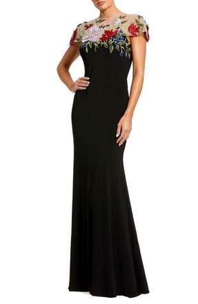 Mac Duggal Floral Embellished Jersey Fitted Gown in Black Multi at Nordstrom, Size 14