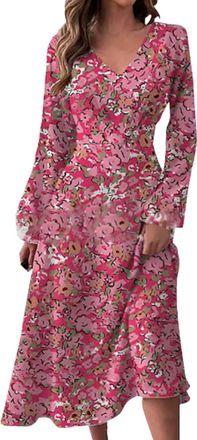 Generic Women Elegant Long Sleeve Loose Plain Maxi Dresses Casual Long Dresses with Pockets and Formal Dress (Red, L)