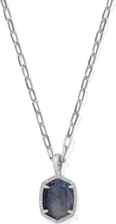 Kendra Scott Womens Daphne Pave Frame Short Pendant Necklace In Silver Navy Tigers Eye