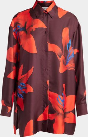 Alexander McQueen Long-Sleeve Lily-Print Silk Button-Down Shirt