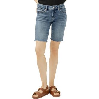 Silver Jeans Co Elyse Curvy Raw Hem Mid Rise Denim Bermuda Shorts in Sunset Blue at Nordstrom, Size 29
