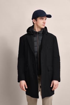 Bugatti Kurzmantel BUGATTI, Herren, Gr. 46, schwarz, 77% Polyamid, 23% Elasthan, unifarben, normal, normaler Saum, M&auml;ntel Kurzmantel, mit abnehmbarer Kapuze