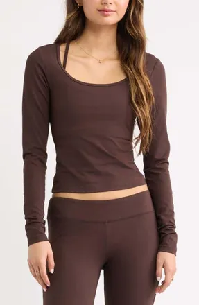 BP. Deep Scoop Neck Long Sleeve Tee in Brown Coffee at Nordstrom, Size Xx-Small