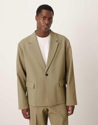 Asos Giacca da abito squadrata kaki in tessuto a coste-Verde