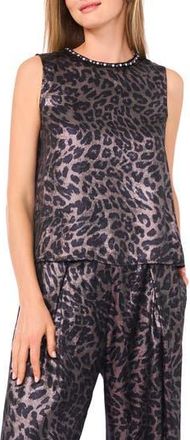 Vince Camuto Leopard Print Satin Tank in Rich Black at Nordstrom Rack, Size Xx-Large