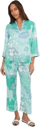 N by Natori Flourish Printed Satin Pajama Set Womens Pajama Sets Aqua : M (Womens 10-12), Polyester/Spandex