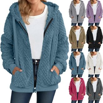 Generic Women Fluffy Plush Hooded Jacket with Pockets Teddy Bear Fleece Full Zip Coats Ladies Oversized Hoodie Jackets Sweatshirt Fluffy Winter Warm Outwear C
