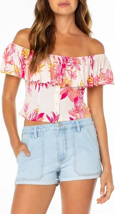Roxy Clear Sky Botanical Off the Shoulder Button-Up Top in Dew at Nordstrom, Size Xx-Large