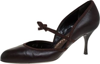 Ferragamo Brown Leather And Grosgrain Trim Bow Round Toe Pumps