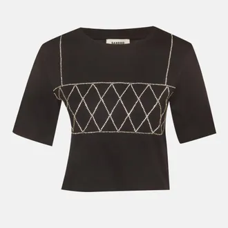 Sandro Black Jersey Rhinestone Cropped T-Shirt