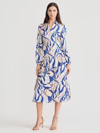 Misook Fit & Flare Printed Crepe de Chine Ruffle Maxi Dress in Biscotti/aegean Blue at Nordstrom, Size Xx-Large