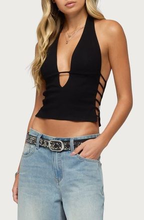 Edikted Aneera Plunge Neck Cutout Halter Top in Black at Nordstrom, Size X-Small