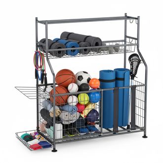 Relaxdays Relaxdays - Almacenamiento Material Deportivo, Metal, Estanter&iacute;a Para Utensilios Fitness Y Pelotas, 111x118x42 Cm, Gris