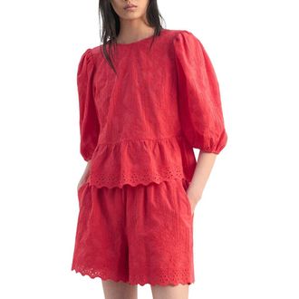 Mango Floral Embroidered Cotton Peplum Top in Strawberry at Nordstrom, Size 8