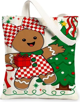 Generic Christmas Gingerbread Canvas Tote Bags, Cute Biscuits Pattern Reusable Bags, Festive Lightweight Washable Shoulder Strap Ca, White, 13x15 Inch