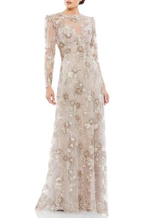 Mac Duggal Floral Embroidered Illusion Long Sleeve Evening Gown in Mocha at Nordstrom, Size 16