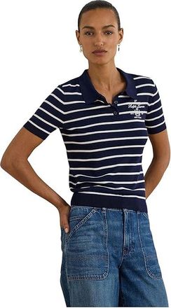 Lauren Ralph Lauren Striped Cotton-Blend Polo Sweater Womens Sweater Refined Navy/White : LG, Cotton/Viscose