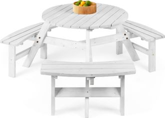 Best Choice Products 6-Person Circular Outdoor Wooden Picnic Table w/ 3 Built-In Benches, Umbrella Hole