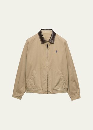 Prada Mens Old Gabardine Leather-Collar Full-Zip Jacket