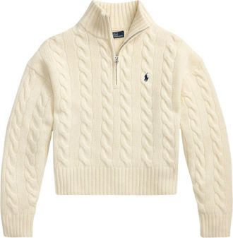 Polo Ralph Lauren Logo Half Zip Sweater-Pullover Treccia - Dames - Vesten met rits - Beige - L - Hoodies & sweatvesten