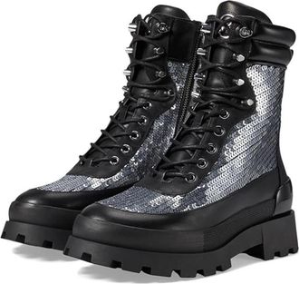 Michael Kors Rowan Boots Womens Black Silver Leather Ankle Combat JZZ1172