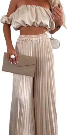 Generic Womens Sexy Solid Color Top Wide Leg Pants Two Pieces Set,Crop tube top and Wide Leg Pants Sets (Beige,S)