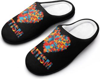 Generic Autism Puzzle Pieces Heart Slippers Men Winter Warm Cotton Anti-Slip Indoor Slip-Ons House Shoes