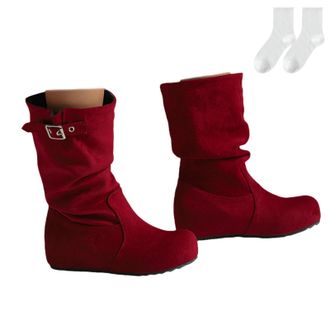 Generic Womens Slouch Boots with Wedge Heel, Fashionable Suede-Look Mid-Calf Boots with Buckle Detail And Non-Slip Sole, Comfortable Ankle Boots for Autumn An