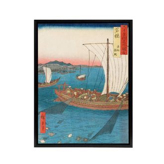 Artery8 Flatfish Netting & Fish Boats Framed Canvas Wall Art Print Hiroshige in Blue | Size: W24 x H32