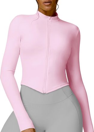 Feoya Womens Full Zip Up Running Jacket Activewear Long Sleeve Yoga Top for Women UK Ladies Slim Fit Sports Top Pink S Skinny Workout Gym Tops Bodycon Yoga 
