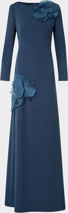 Akris Organza Anemone Corsage Long-Sleeve Crepe Gown