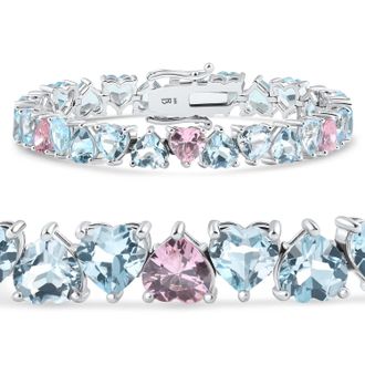 Pompeii3 34.43Ct Heart Shape Pink & Blue Topaz Tennis Bracelet 14k White Gold 23.51grams