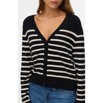 Vero Moda Dory Stripe V-Neck Crop Cardigan in Black/Birch at Nordstrom Rack, Size X-Small
