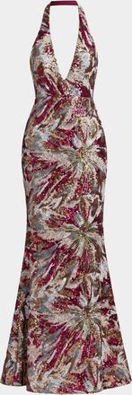 Mac Duggal Floral Sequin Open Back Gown