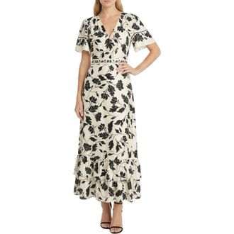 Maggy London Flutter Sleeve Tiered Ruffle Maxi Dress in Ivory/Black at Nordstrom Rack, Size 10