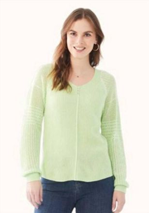 FDJ Long Pointelle Sleeve V-Neck Sweater In Mojito Green