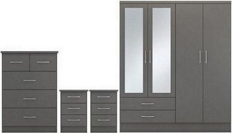 Seconique Nevada 4 Door 2 Drawer Mirrored Wardrobe Bedroom Set - 3D Effect Grey