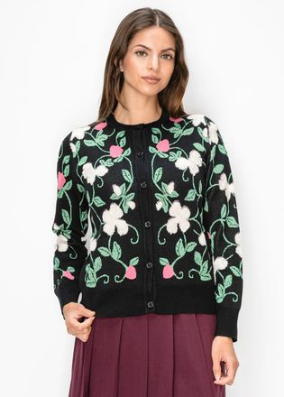YAL New York Black Floral Cardigan with Textured Knit Flowers