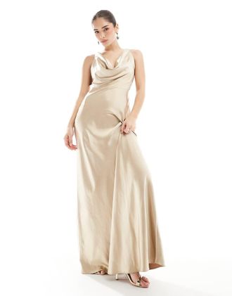 Six Stories Bridesmaid cowl front satin maxi dress in gold