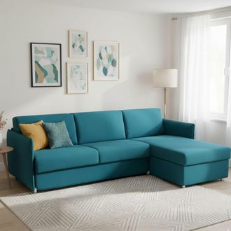 Dmora Sof&aacute; Cama Con Chaise Longue Sumirago, Fundas Desenfundables, Almacenaje Made In Italy, Repelente Al Agua, Multiposici&oacute;n, 260x160 Cm Azul