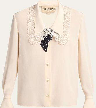 Valentino Garavani Lace-Trim Button-Down Silk Blouse With Polkadot Tie